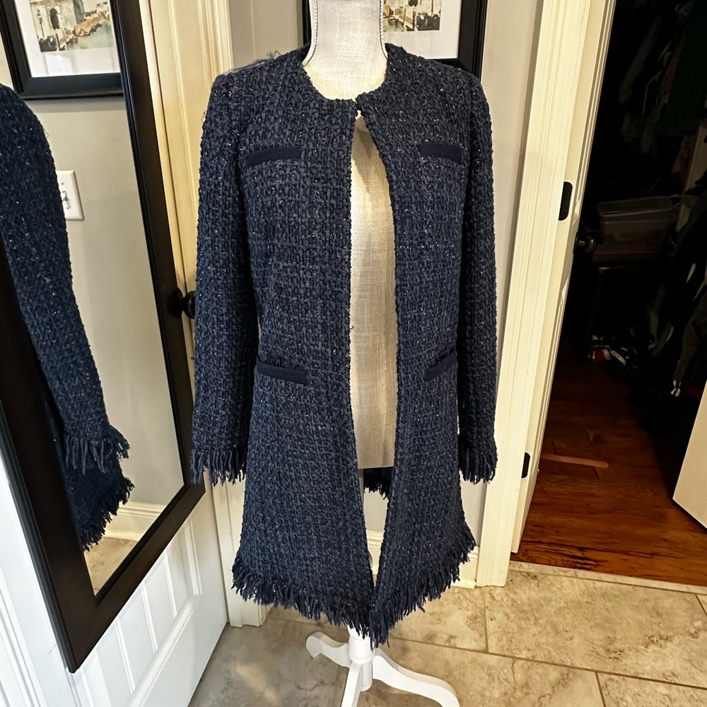 Vertigo Paris wool blend tweed fringe coat long jacket Sz XS blue